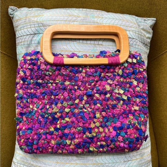 Handcrafted Multicolor felted wool and ribbon Satchel with Wooden Handle - Picture 2 of 2